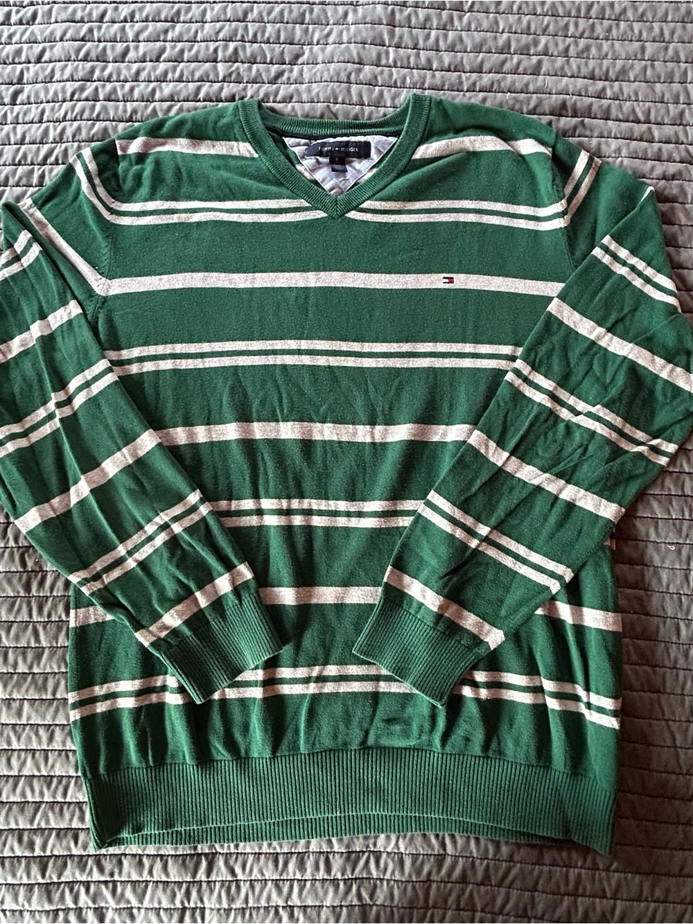 Tommy Hilfiger Green and Cream Striped Crewneck Sweater